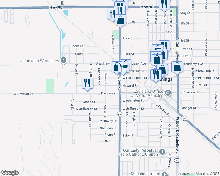 map of restaurants, bars, coffee shops, grocery stores, and more near 201-299 Merry Street in Jennings