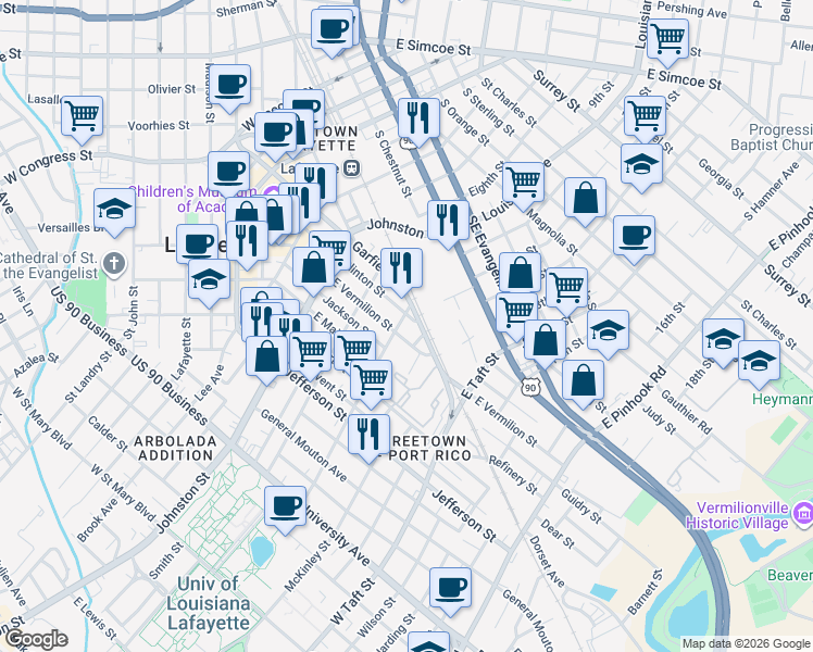 map of restaurants, bars, coffee shops, grocery stores, and more near 100 Lamar Street in Lafayette