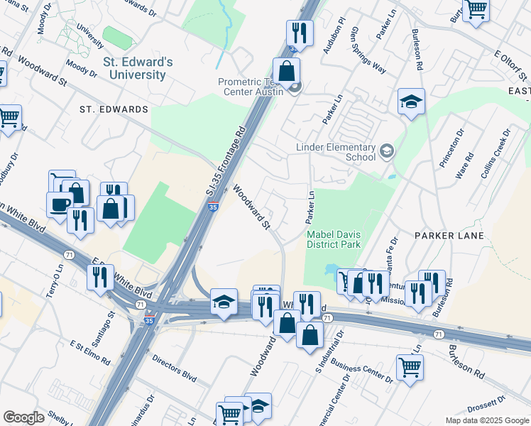 map of restaurants, bars, coffee shops, grocery stores, and more near 1710 Woodward Street in Austin