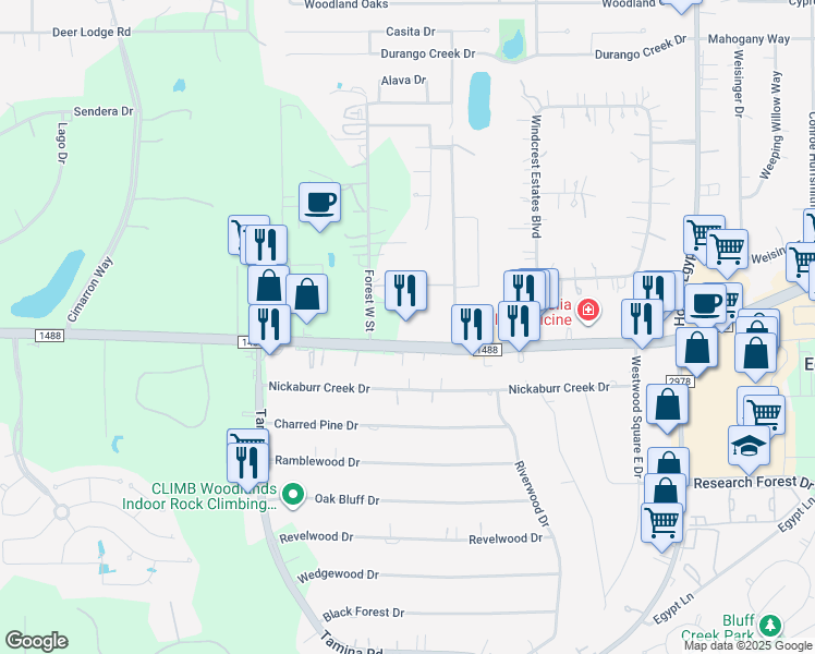 map of restaurants, bars, coffee shops, grocery stores, and more near 7214 Fm 1488 Road in Magnolia