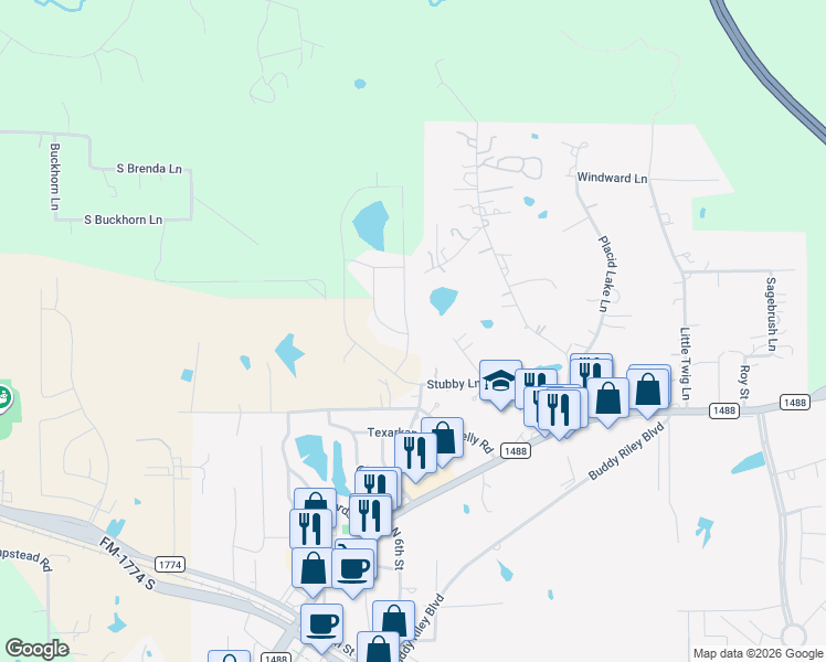 map of restaurants, bars, coffee shops, grocery stores, and more near 419 Dogwood Trail in Magnolia