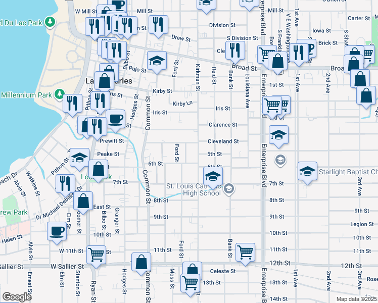 map of restaurants, bars, coffee shops, grocery stores, and more near 742 Cleveland Street in Lake Charles
