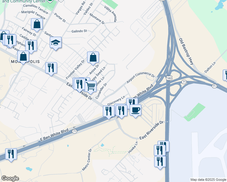 map of restaurants, bars, coffee shops, grocery stores, and more near 1705 Airport Commerce Drive in Austin