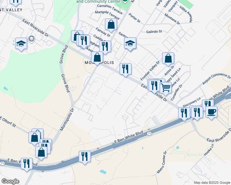 map of restaurants, bars, coffee shops, grocery stores, and more near 2106 Thrasher Lane in Austin