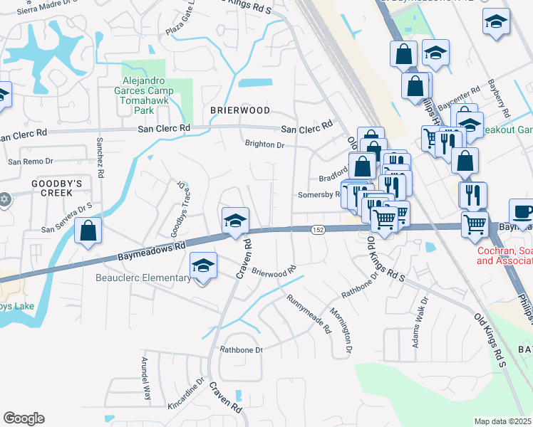 map of restaurants, bars, coffee shops, grocery stores, and more near 4915 Baymeadows Road in Jacksonville
