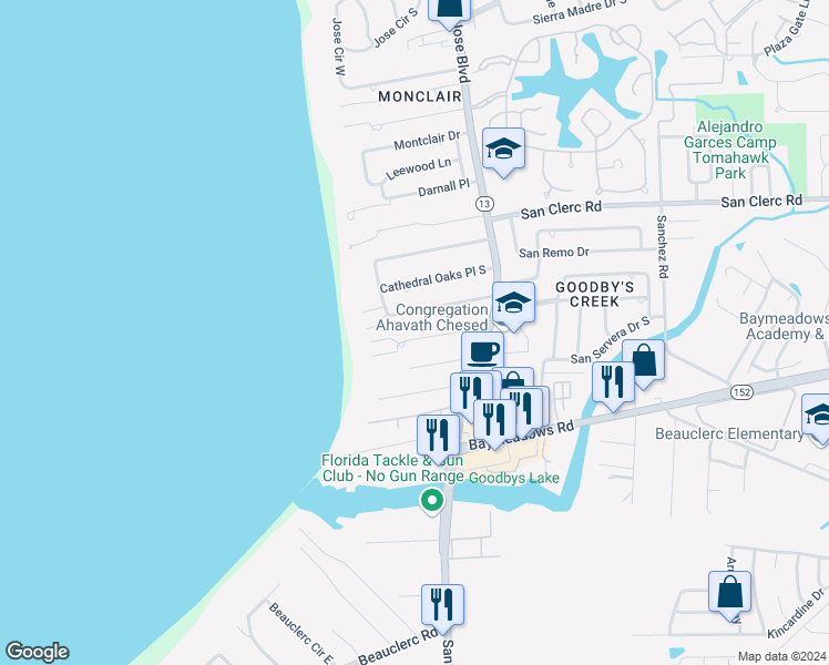 map of restaurants, bars, coffee shops, grocery stores, and more near 3625 River Hall Drive in Jacksonville