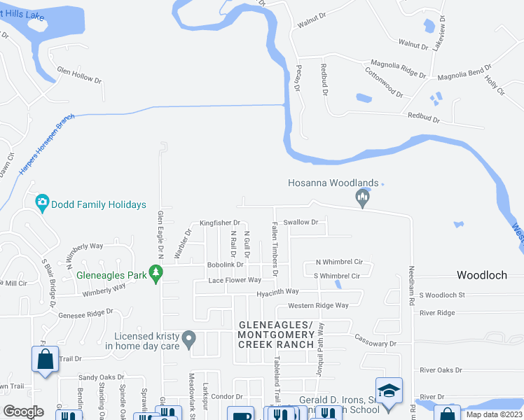 map of restaurants, bars, coffee shops, grocery stores, and more near 10122 Woodhollow Drive in Conroe