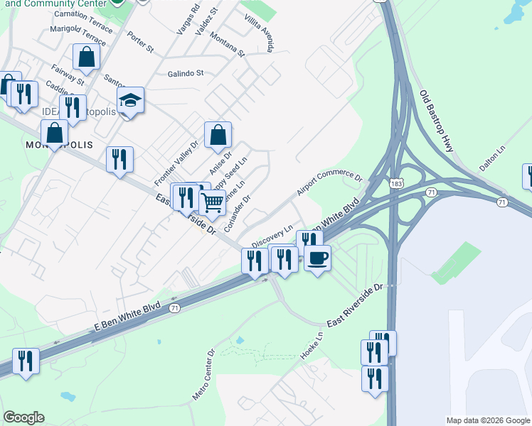 map of restaurants, bars, coffee shops, grocery stores, and more near 1705 Airport Commerce Drive in Austin