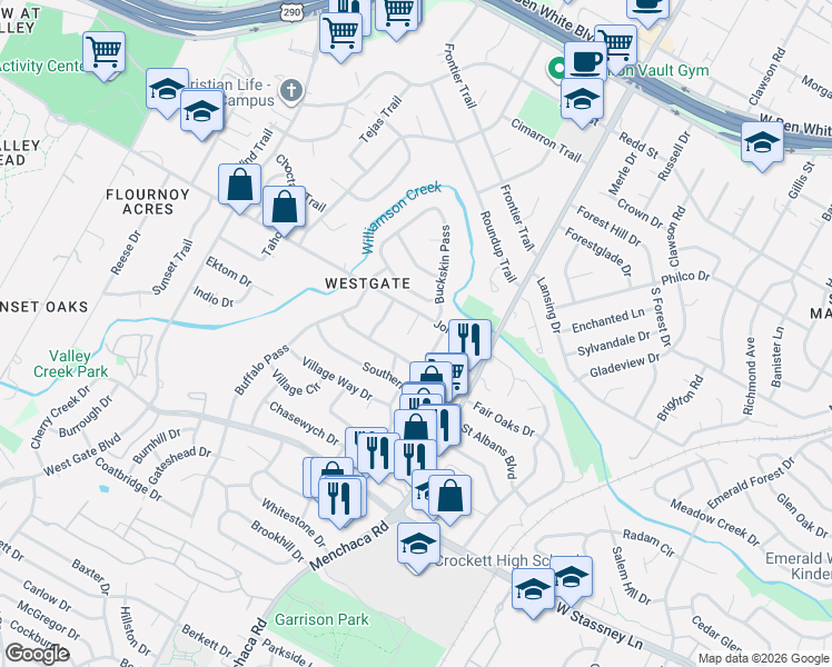 map of restaurants, bars, coffee shops, grocery stores, and more near 5100 Woodgreen Cove in Austin