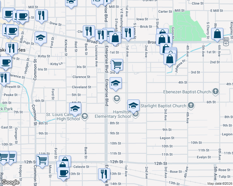 map of restaurants, bars, coffee shops, grocery stores, and more near 1300 5th Street in Lake Charles