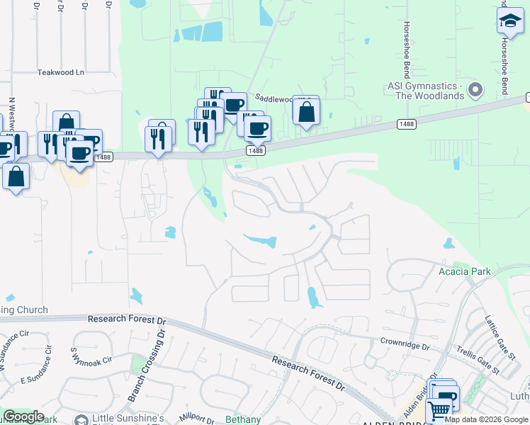 map of restaurants, bars, coffee shops, grocery stores, and more near 211 Kimblewick Way in Spring
