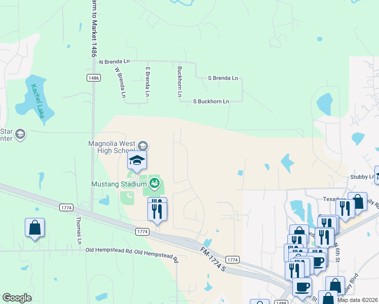 map of restaurants, bars, coffee shops, grocery stores, and more near 818 Buckhorn Lane in Magnolia