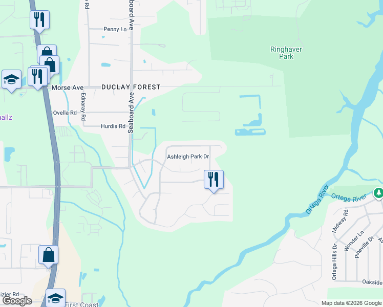 map of restaurants, bars, coffee shops, grocery stores, and more near 5547 Ashleigh Park Drive in Jacksonville