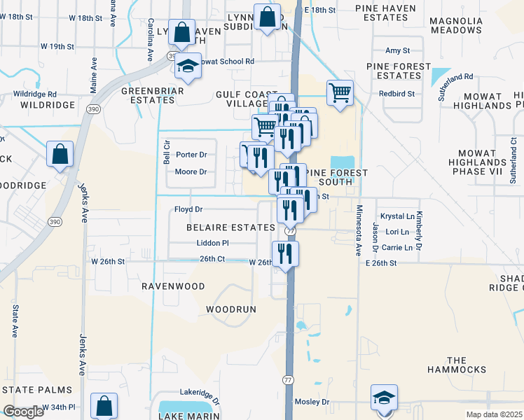 map of restaurants, bars, coffee shops, grocery stores, and more near 302 Floyd Drive in Lynn Haven