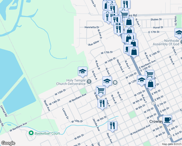 map of restaurants, bars, coffee shops, grocery stores, and more near 630 West 16th Street in Crowley