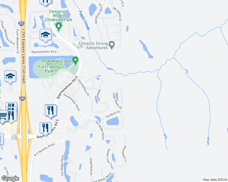 map of restaurants, bars, coffee shops, grocery stores, and more near 8597 Little Swift Circle in Jacksonville