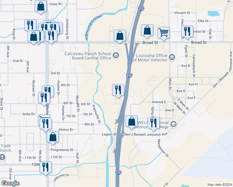 map of restaurants, bars, coffee shops, grocery stores, and more near 868 Von Blond in Lake Charles