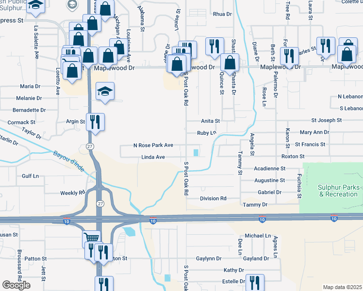map of restaurants, bars, coffee shops, grocery stores, and more near 1725 S Post Oak Rd in Sulphur