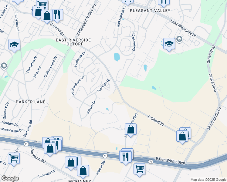 map of restaurants, bars, coffee shops, grocery stores, and more near 2701 Sunridge Drive in Austin