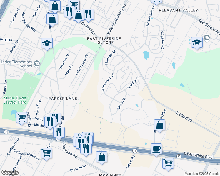 map of restaurants, bars, coffee shops, grocery stores, and more near 2501 Wickersham Lane in Austin