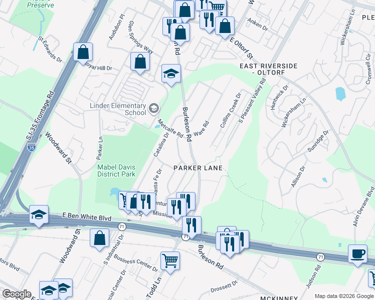 map of restaurants, bars, coffee shops, grocery stores, and more near 2905 Burleson Road in Austin