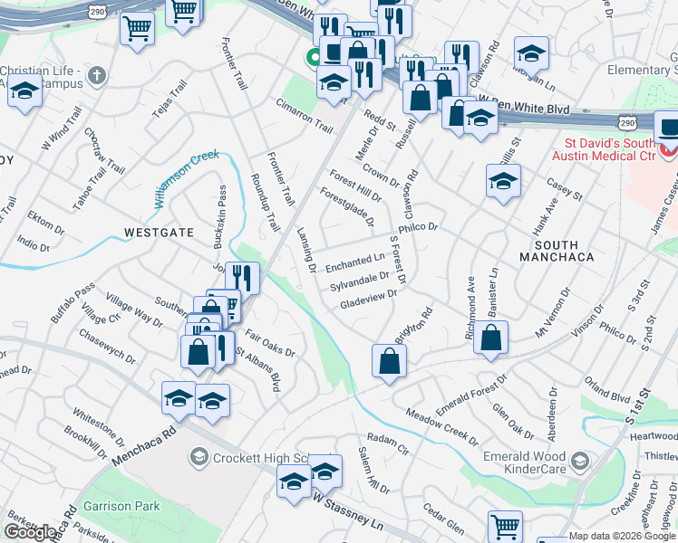 map of restaurants, bars, coffee shops, grocery stores, and more near 4806 Enchanted Lane in Austin