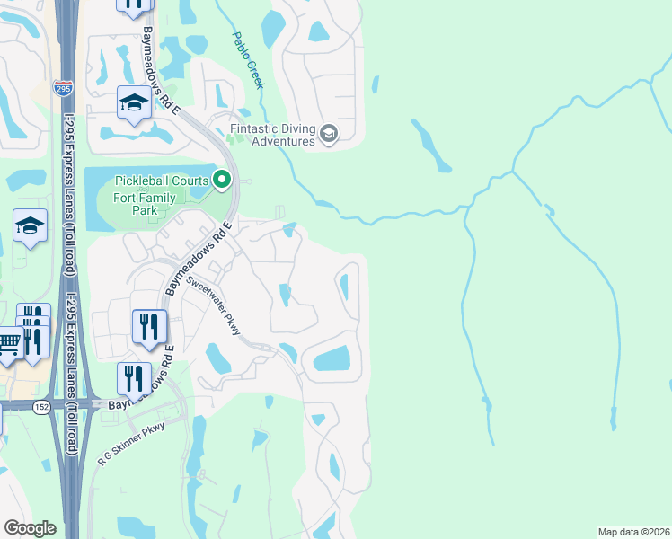 map of restaurants, bars, coffee shops, grocery stores, and more near 8597 Little Swift Circle in Jacksonville