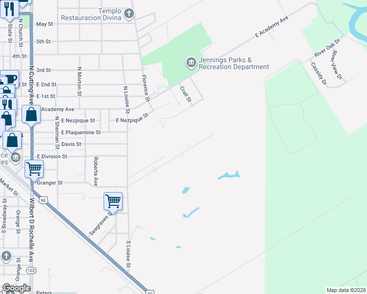 map of restaurants, bars, coffee shops, grocery stores, and more near 1066-1298 Granger St in Jennings