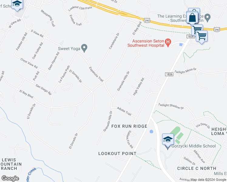 map of restaurants, bars, coffee shops, grocery stores, and more near 9002 Granada Hills Drive in Austin