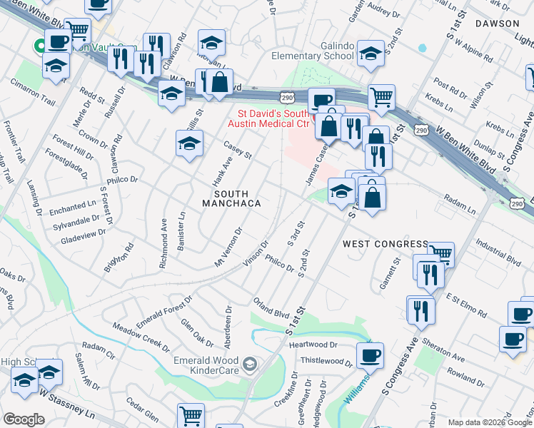 map of restaurants, bars, coffee shops, grocery stores, and more near 902 Redd Street in Austin