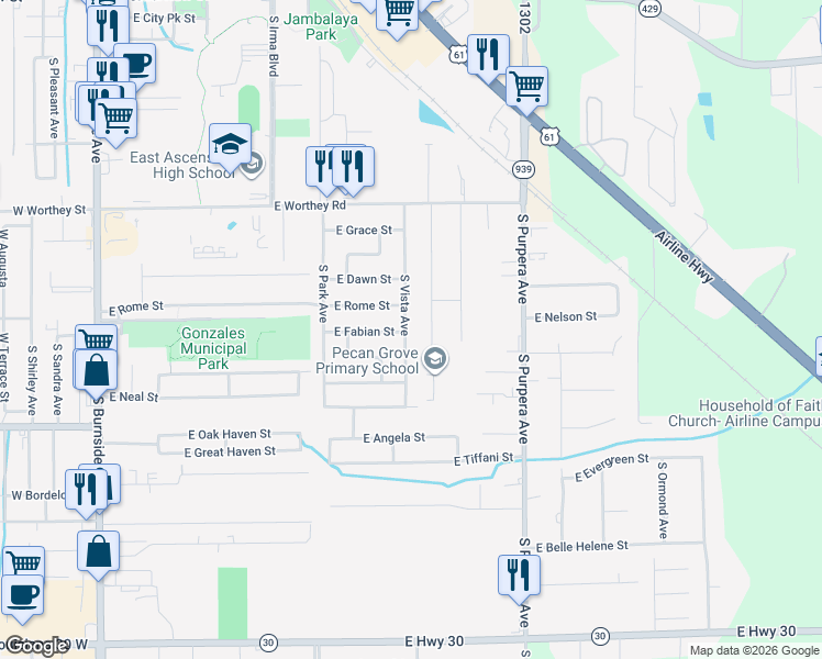 map of restaurants, bars, coffee shops, grocery stores, and more near 1221 East Rome Street in Gonzales