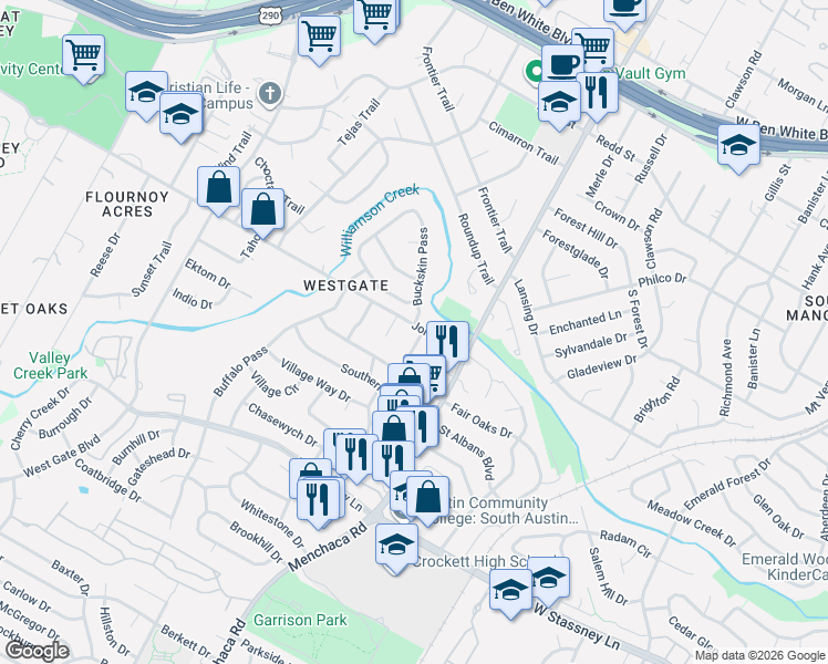 map of restaurants, bars, coffee shops, grocery stores, and more near 5100 Plumas Lane in Austin
