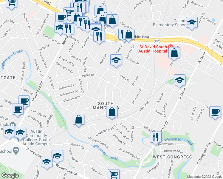 map of restaurants, bars, coffee shops, grocery stores, and more near 4604 Banister Lane in Austin