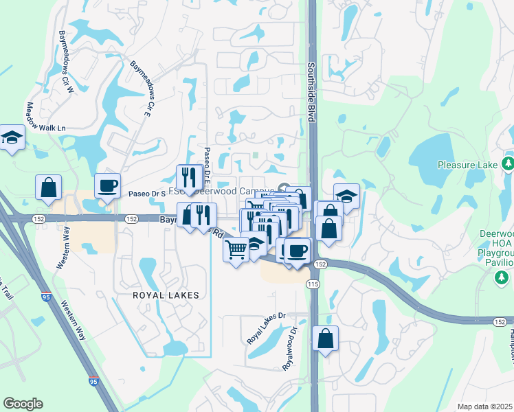 map of restaurants, bars, coffee shops, grocery stores, and more near 9801 Old Baymeadows Road in Jacksonville