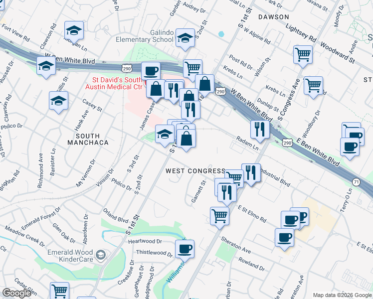 map of restaurants, bars, coffee shops, grocery stores, and more near 4315 South 1st Street in Austin