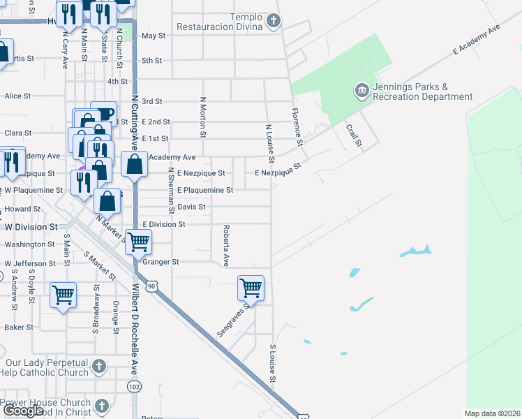 map of restaurants, bars, coffee shops, grocery stores, and more near 600-798 Davis St in Jennings