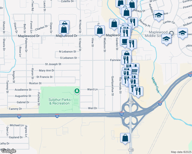 map of restaurants, bars, coffee shops, grocery stores, and more near 215 Vine St in Sulphur