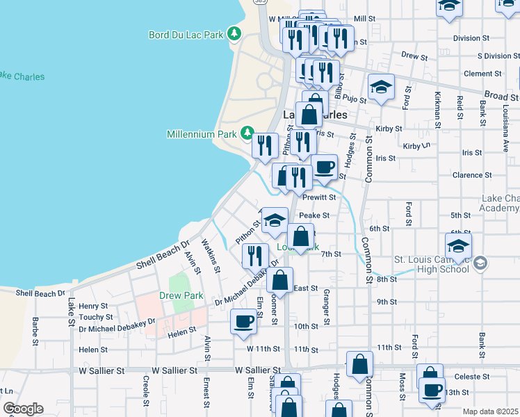 map of restaurants, bars, coffee shops, grocery stores, and more near 216 Park Avenue in Lake Charles