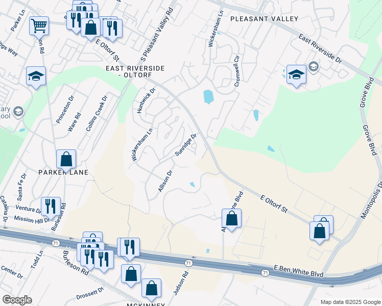 map of restaurants, bars, coffee shops, grocery stores, and more near 2701 Sunridge Drive in Austin
