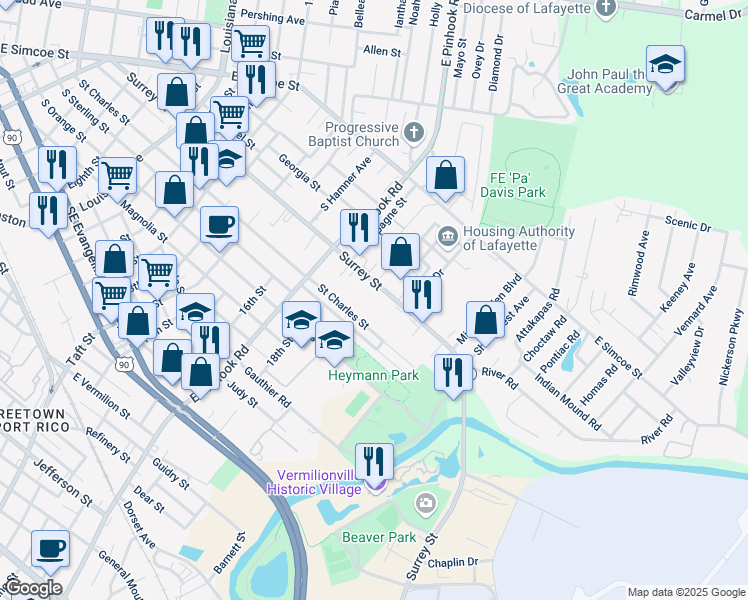 map of restaurants, bars, coffee shops, grocery stores, and more near 1340 Surrey Street in Lafayette