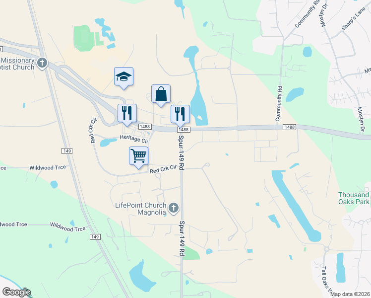 map of restaurants, bars, coffee shops, grocery stores, and more near 13397 Farm to Market Road 1488 in Magnolia
