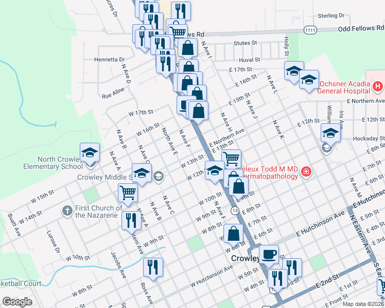 map of restaurants, bars, coffee shops, grocery stores, and more near 1330 North Avenue F in Crowley