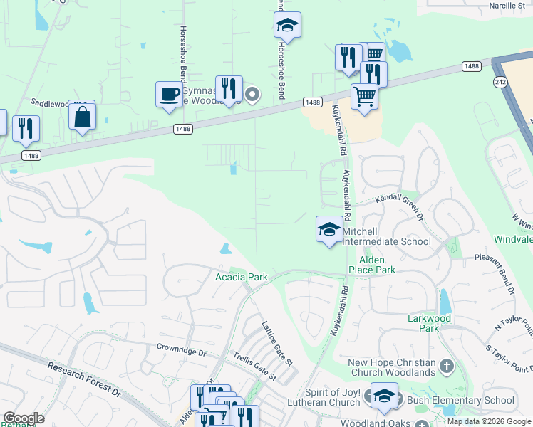 map of restaurants, bars, coffee shops, grocery stores, and more near 33302 Buckshot Lane in Magnolia