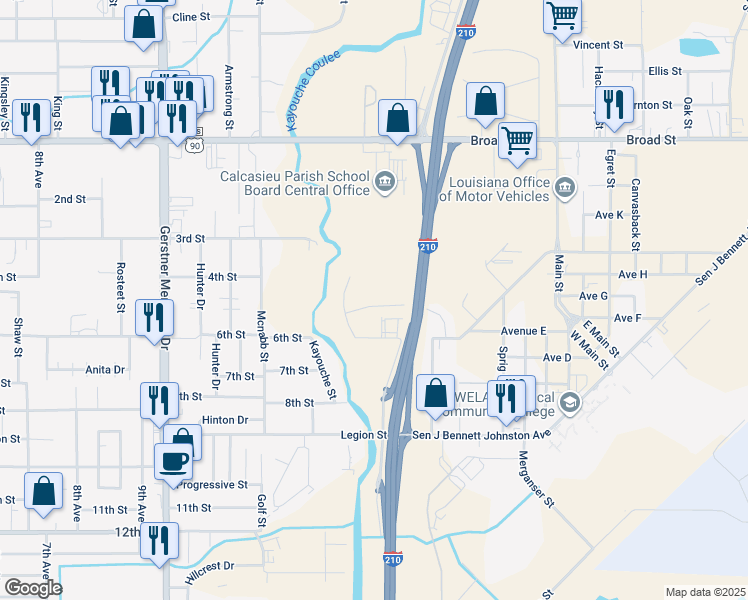 map of restaurants, bars, coffee shops, grocery stores, and more near 868 Von Blond in Lake Charles