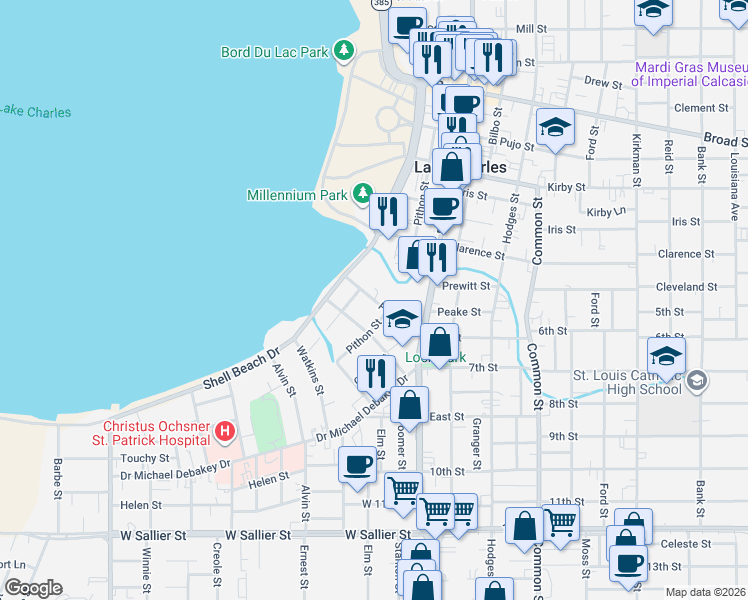 map of restaurants, bars, coffee shops, grocery stores, and more near 216 Park Avenue in Lake Charles