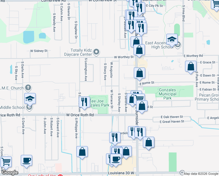 map of restaurants, bars, coffee shops, grocery stores, and more near 420 West Live Oak Street in Gonzales