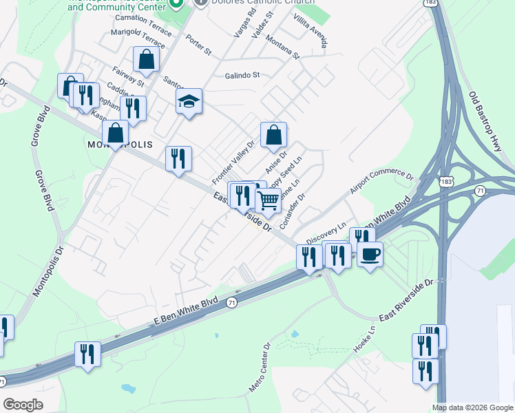 map of restaurants, bars, coffee shops, grocery stores, and more near 7117 Cayenne Lane in Austin