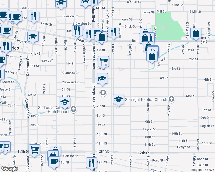 map of restaurants, bars, coffee shops, grocery stores, and more near 1300 5th Street in Lake Charles