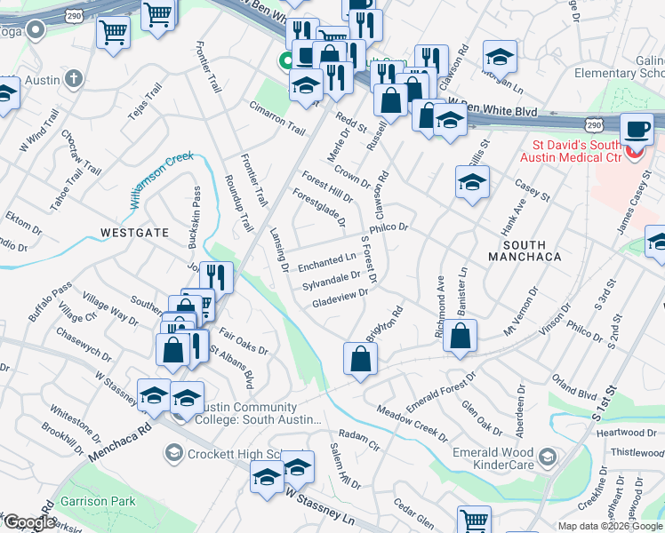 map of restaurants, bars, coffee shops, grocery stores, and more near 4805 Enchanted Lane in Austin