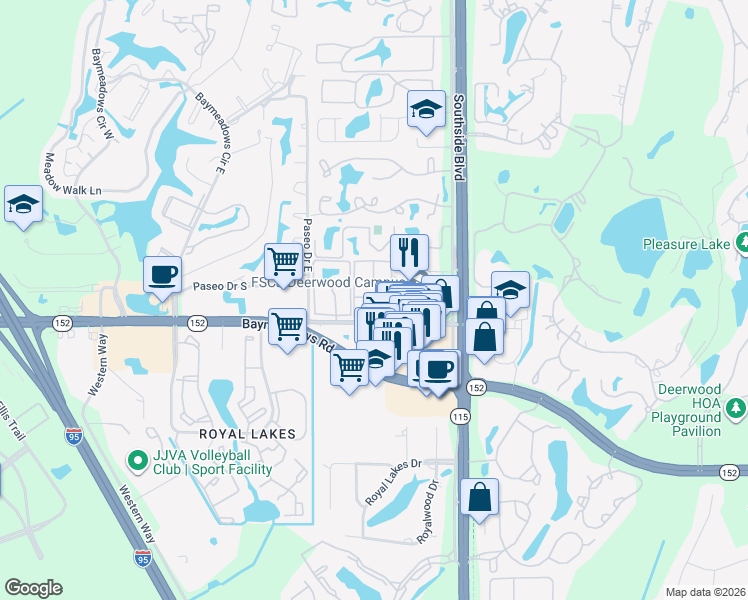 map of restaurants, bars, coffee shops, grocery stores, and more near 9911 Old Baymeadows Road in Jacksonville